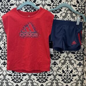 Adidas Girls 3T Red Tee & Navy Shorts Set | NWT Sporty‎ Style